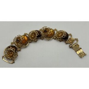 Vintage Chunky Gold Tone Brown & Orange Glass Dogtooth Elegant Flower Bracelet